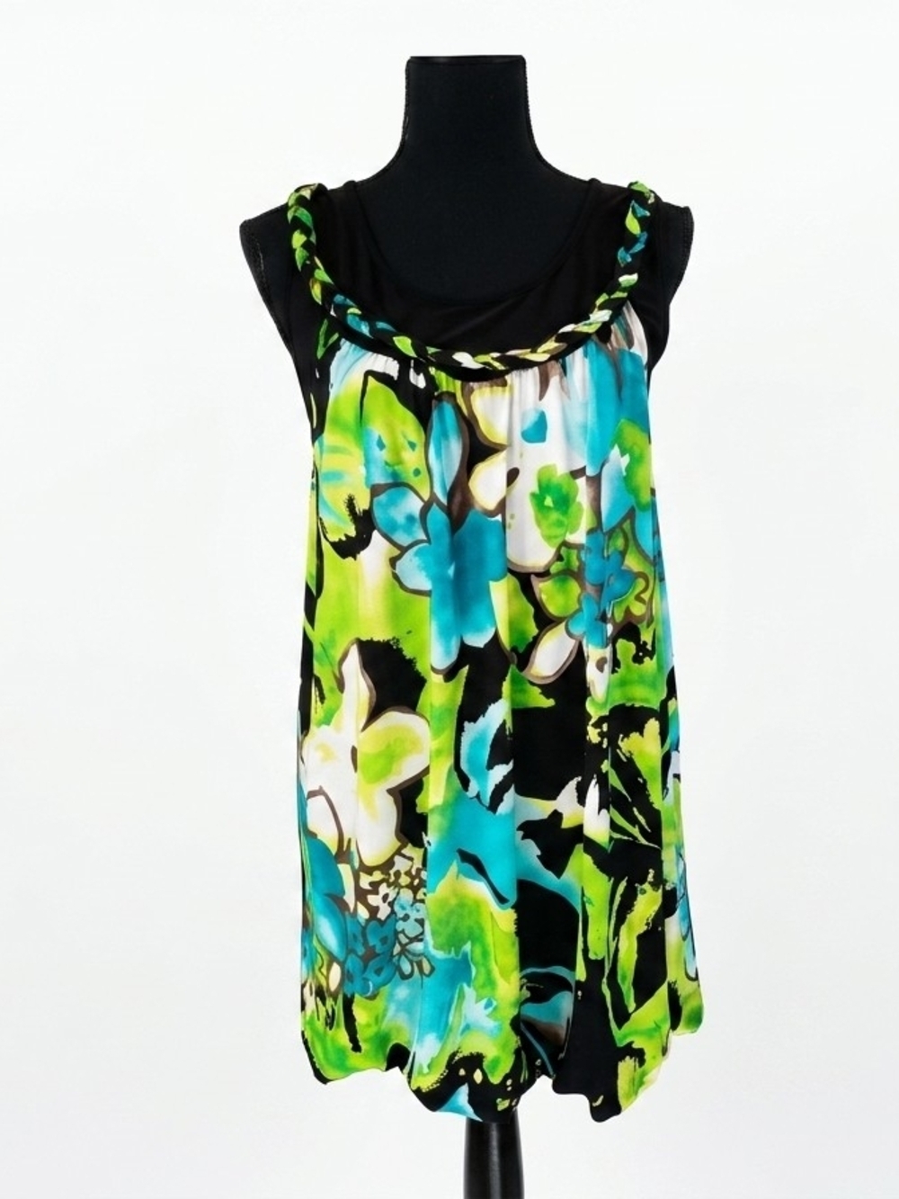 Joseph Ribkoff Black, Green & Blue Braided-Neck Floral Mini Dress
